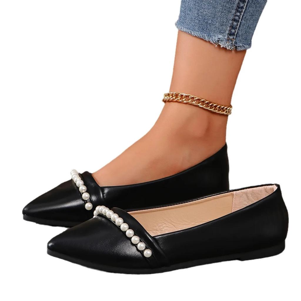 Fashion New Women's Shoes Fashion Pearl Soft Leather Comfortable Flats Pointed Solid Color Shallow Mouth Single Shoes Zapatos De Mujer