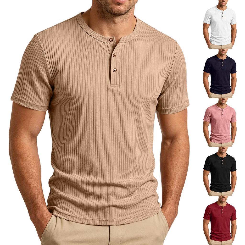 Мужская повседневная легкая рубашка-henley в рубчик, с коротким рукавом, с пуговицами на воротнике, облегающего кроя, из мягкой дышащей ткани, летний топ