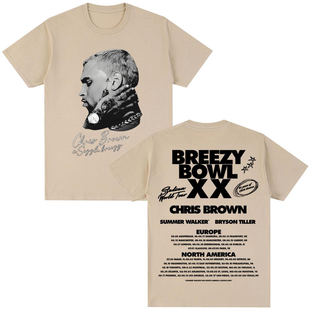 Rapper Chris Brown Album Tshirt Breezy Bowl XX Tour 2025 Hip Hop Vintage T Shirt Men Women Oversized Cotton Tshirts Streetwear