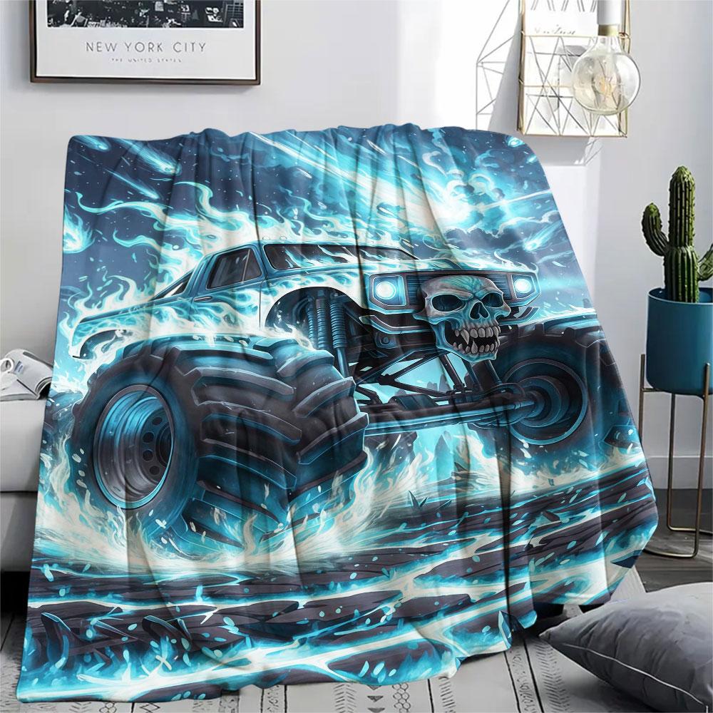 1Pc BadBeastTruck Print Flannel Blanket, High quality Comfortable for All Seasons, Home Decor, Warmth and Comfort, Perfect for Christmas Gifts