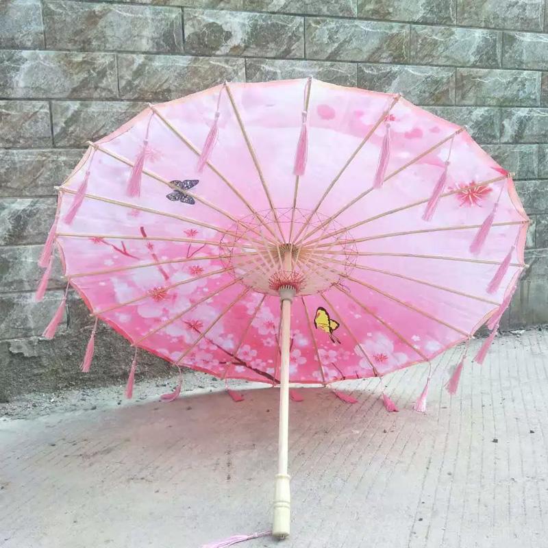 1PC with Tassel Classical Women's Umbrella for Hanfu Accessories Satin Cloth Photograph Props Fairy Ancient Parasol