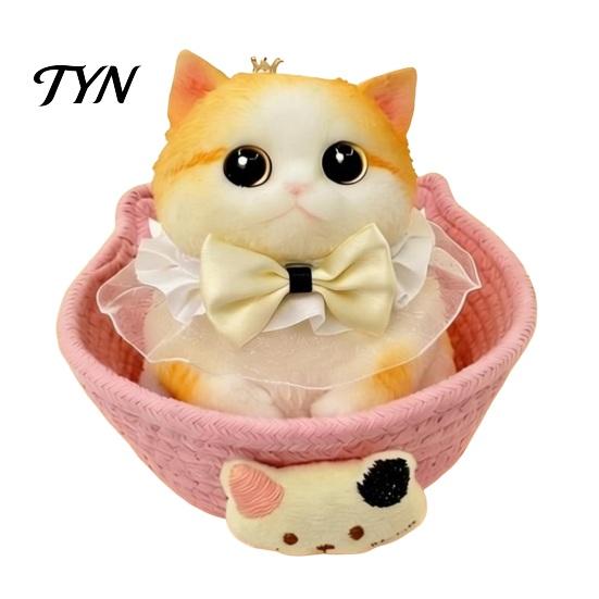 Slow Rebound Animal Squeeze Toy Cat Stress Relief with Basket & Accessories, Simulated Kitten Shape Toy, Soft Stretchy Fidget for Desk Decoration