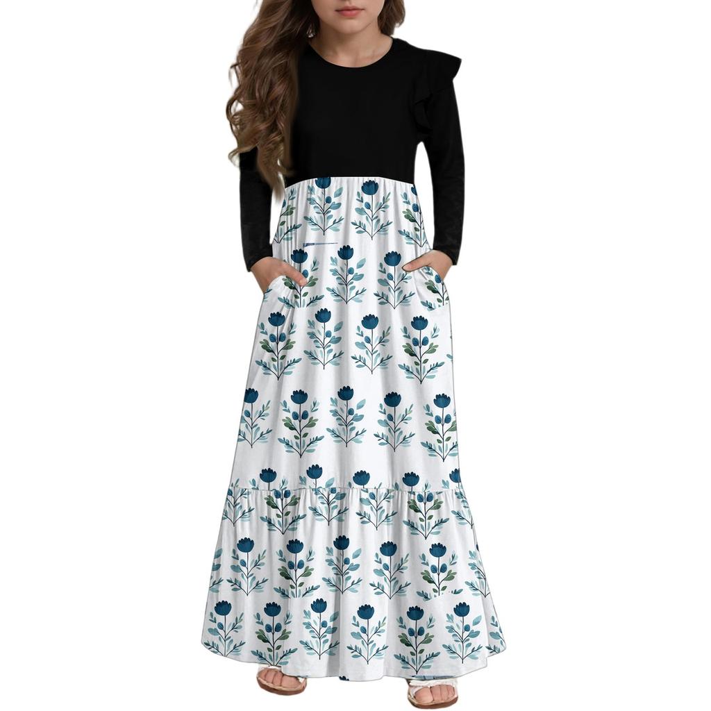 Girls' Tiered Ruffle Dress - Long Sleeve Printed Maxi With Pockets