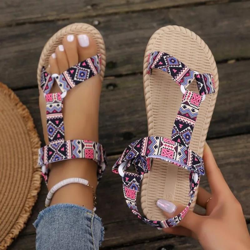 Сандалии 2024 Лето Новые Тонкие Подошвы Пляжные Сандалии Удобные и Не Изнашиваемые Женские Туфли В Этническом Стиле