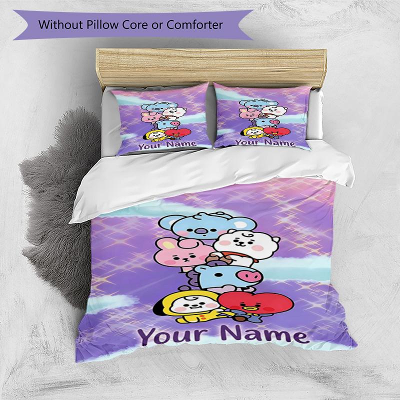 BT21 Friends Custom Name Text Print 1Pc Bedding Set Duvet Cover With Two Pillowcases Soft Bed Linen For Household Bedroom
