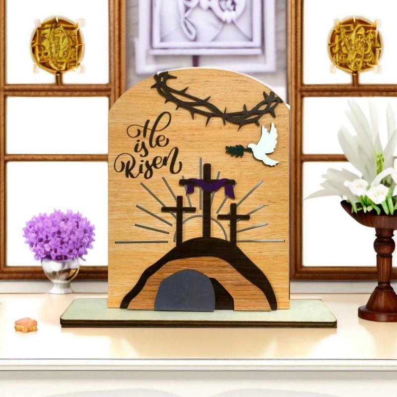 He Is Risen Decor Wooden Easter Resurrection Scene Empty Tomb Table Decorations Indoor Catholic Acrylic Sculpture