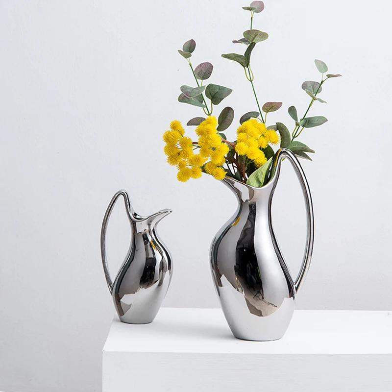 Керамическая ваза из скандинавского серебра, украшения из сухоцветов, креативная гальванизированная ваза, вазы в форме чайника, украшение для гостиной, подарок