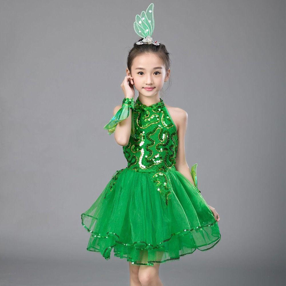 Green Sequin Children Ballet Dance Dress with Headwear Wristband Puffy Dress Kids Girls