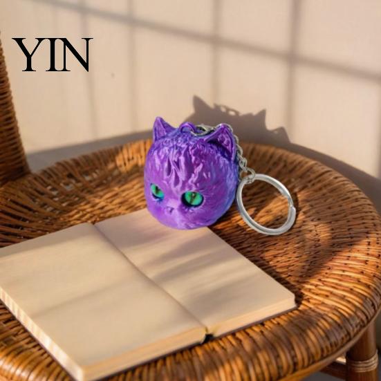 Cat Shaped Ornament 3D Printed Head Keychain, Cute Kawaii Kitten Bag Charm with Pearlescent Finish & Bright Playful Decoration Green Eyes, Lightweight