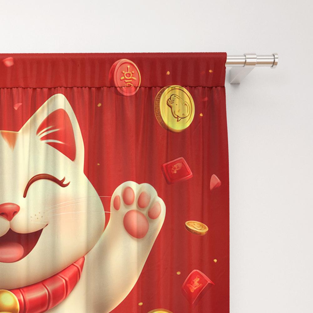 Cute Fortune Lucky Cat Curtain Panels,Red Base Maneki Neko Gold Coin Red Packet Wealth Pattern Drapes for Dining Room Decoration