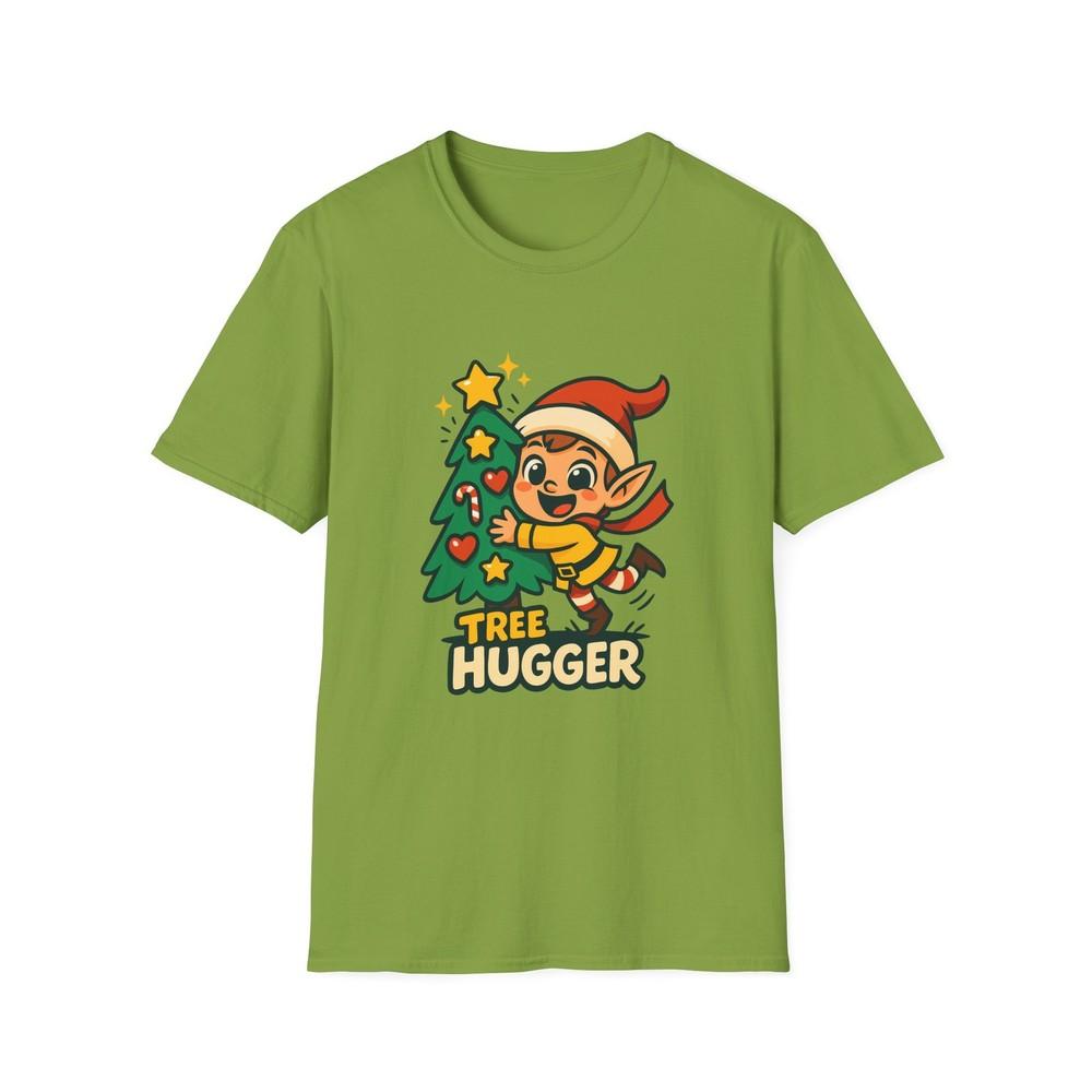 Unisex Softstyle T-Shirt Chibi Elf Hugging Christmas Tree Santa Hat