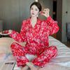 2025 Spring Women's Pajamas Set Silk Flower Print Long Sleeve Sleepwear Leisure Red Nightwear Pyjamas for Women Homewear