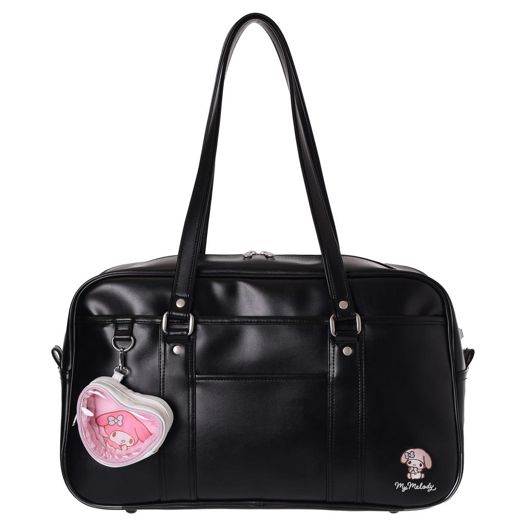 Sanrio Synthetic Leather School Boston Bag with Heart Pouch (My Melo-Black)