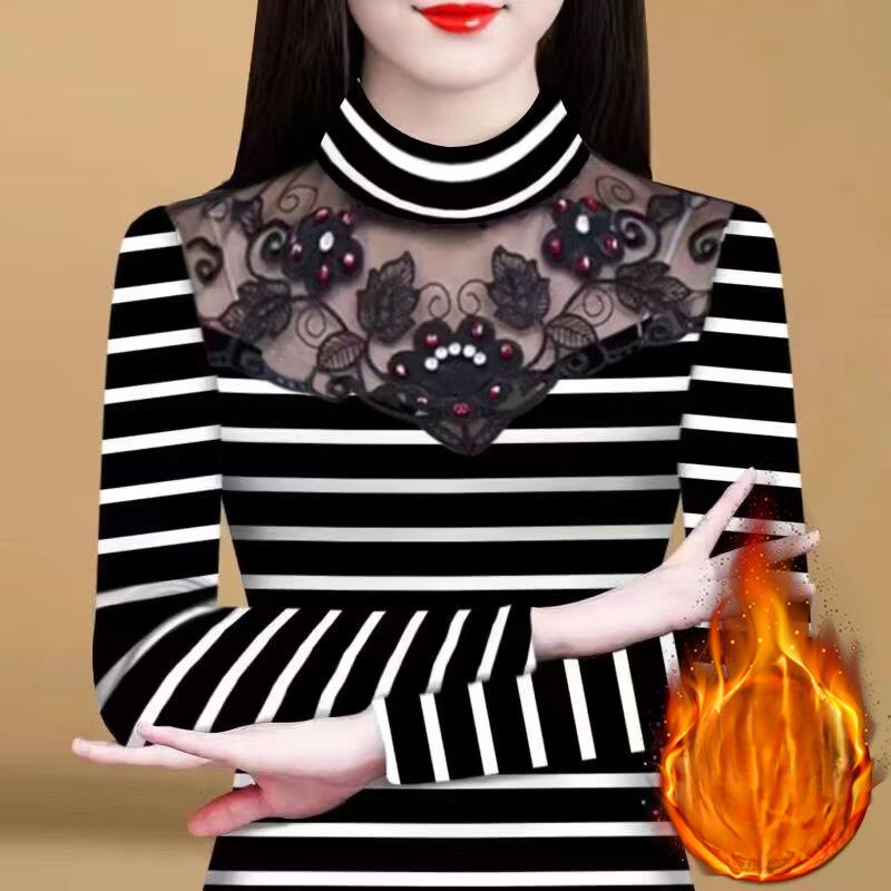 Новая интегрированная бархатная рубашка большого размера для мам среднего возраста с кружевом и утолщенной основой для женской футболки с бисером