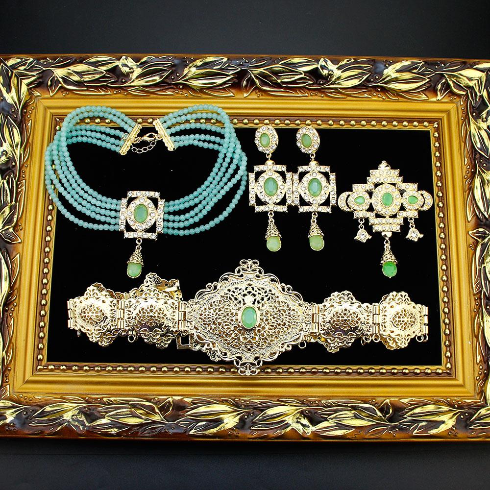 Gold Color Waist Belt Bead Choker Necklace Square Earring Brooch Arabic Bride Jewelry Set For Women