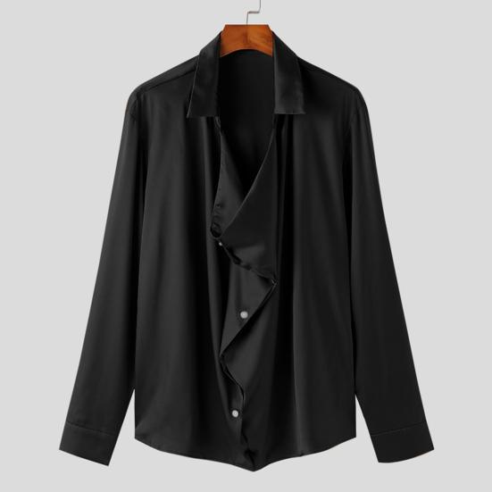 Мужская рубашка для вечеринок, свободная, с длинным рукавом, сатиновая, тонкая, во французском стиле, однотонная, с лацканами, однобортная, повседневная рубашка