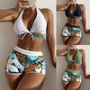 Swimsuit Women's split high waist flat angle strap print solid color splicing Internet celebrity swimsuit