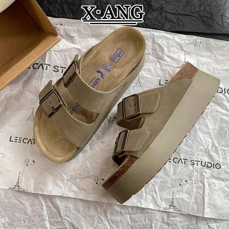 Leather Thick-soled Heightened Half-slippers for Women's Outer Wear Summer New Cork-bottomed Boken One-word Cool Slippers