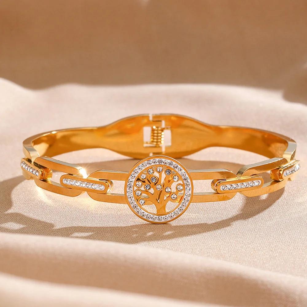 Luxury Stainless Steel Tree of Life Bracelet For Women Men Golden Cubic Zircon No Fade Color Lucky Cuff Bangle Jewelry