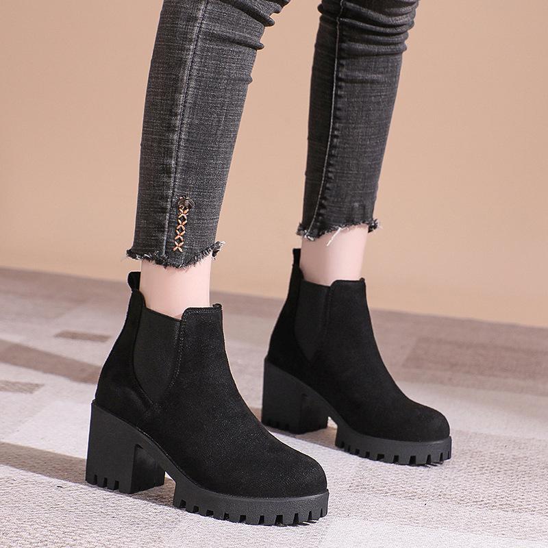 Coarse heel short boots women's autumn and winter large size matte heightening platform high heels British style Martin boots heightening and slimming