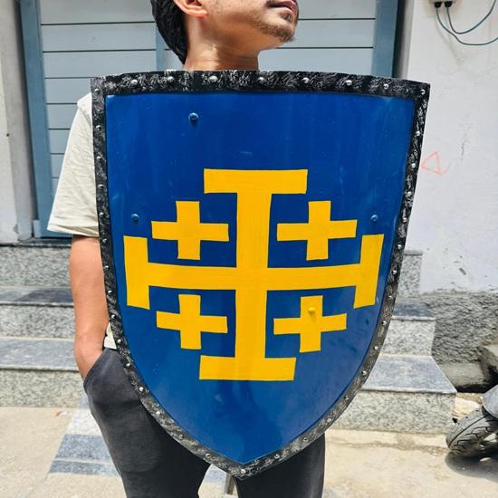71.12 cm Medieval Crusader Jerusalem Cross Shield Blue Yellow Kite Shield Handcrafted Knight Armor for Reenactment, LARP Wall Gift