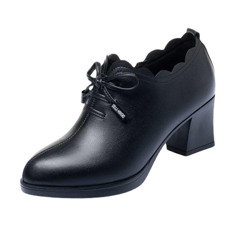 Women Faux Leather Single Shoes Mother Soft Sole Thick Heel Non Slip Black Casual High-heeled PU Shoes Plus Size