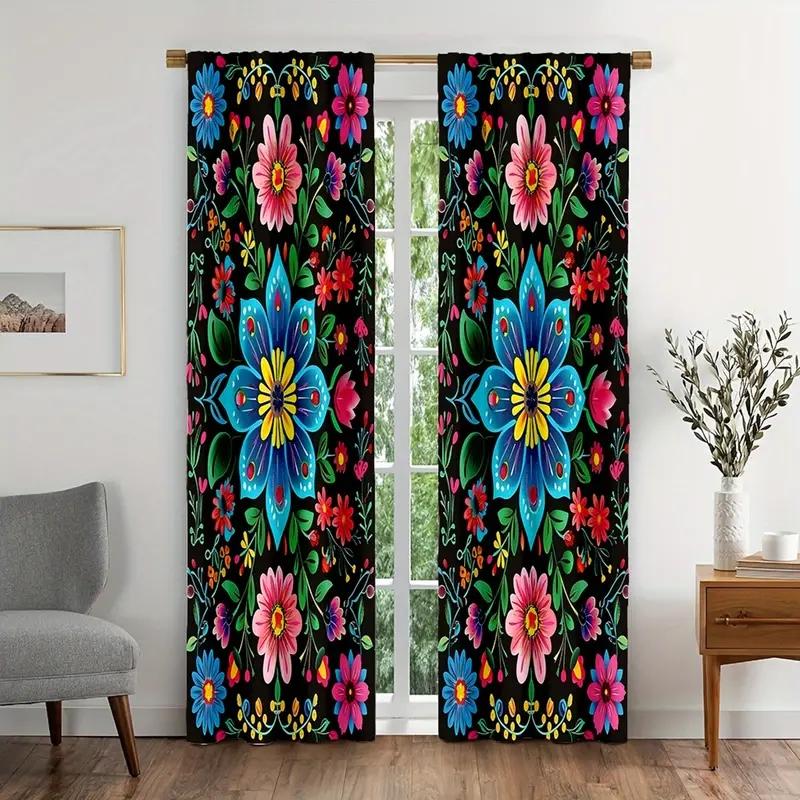 Комплект из 2 шт. Элегантный цветочный и растительный узор для штор с карманами для уединения и декора в гостиной, спальне, кухне