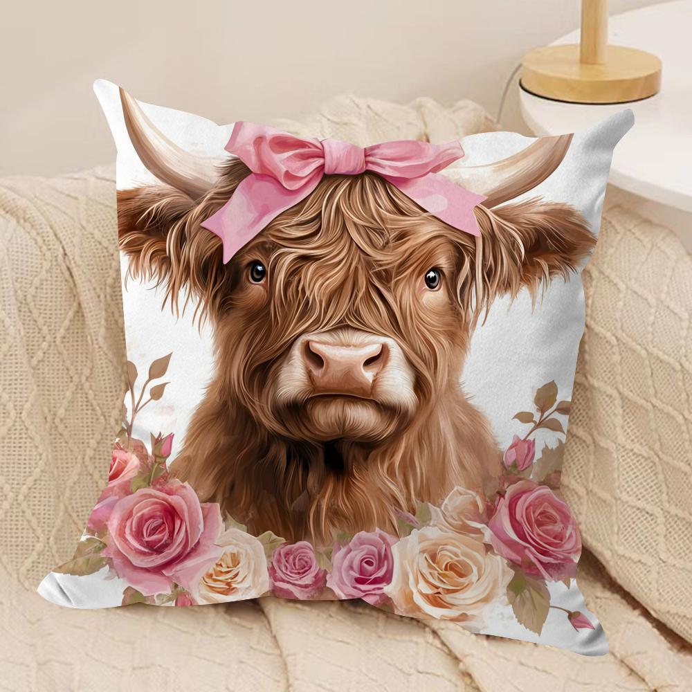 Highland cow and flower Cushion Cover Soft Plush Fabric DoubleSided Printed Cushion Covers for All Seasons Home Decor