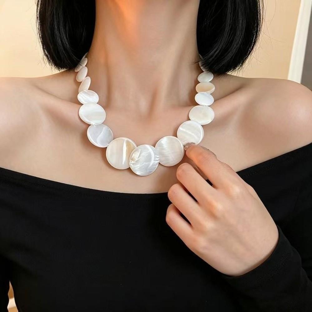 Large Disc Bohemian Necklace Lightweight White Choker Shell Pendant Necklace  Minimalist Style