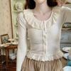 Корейские футболки с длинным рукавом женские тонкие оборки милые внутренние укороченные топы повседневные осенне-зимние расклешенные рукава модная одежда