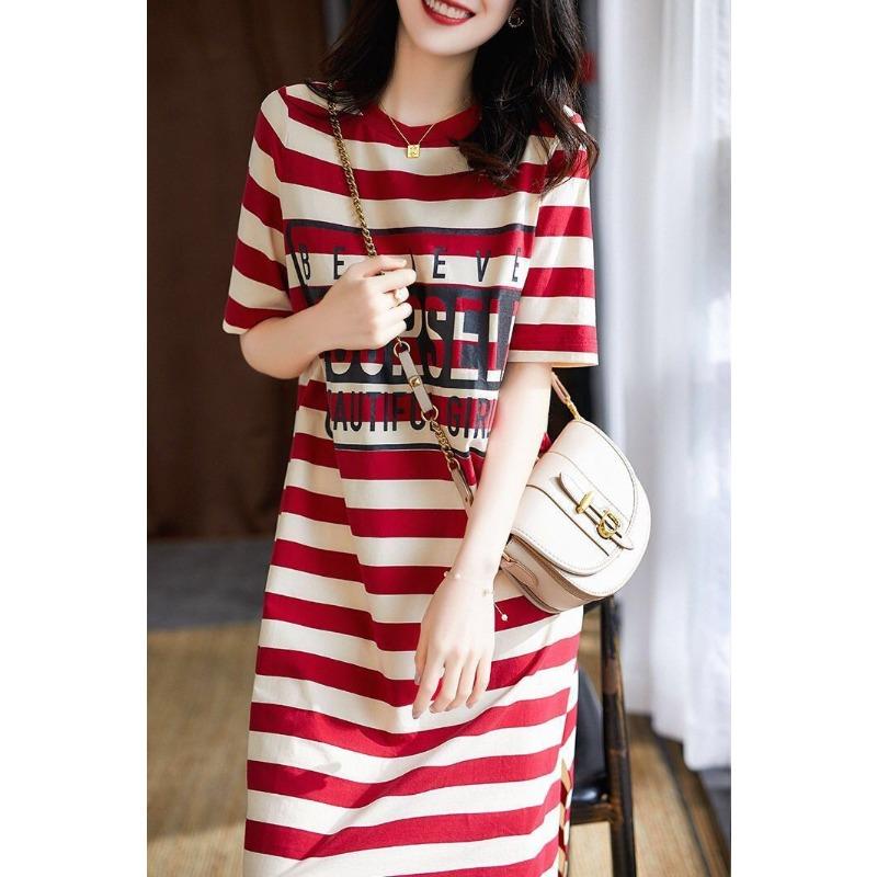 Summer Loose Slim Striped Print T-shirt Dress for Women's Korean Mid-length Short-sleeved Skirt