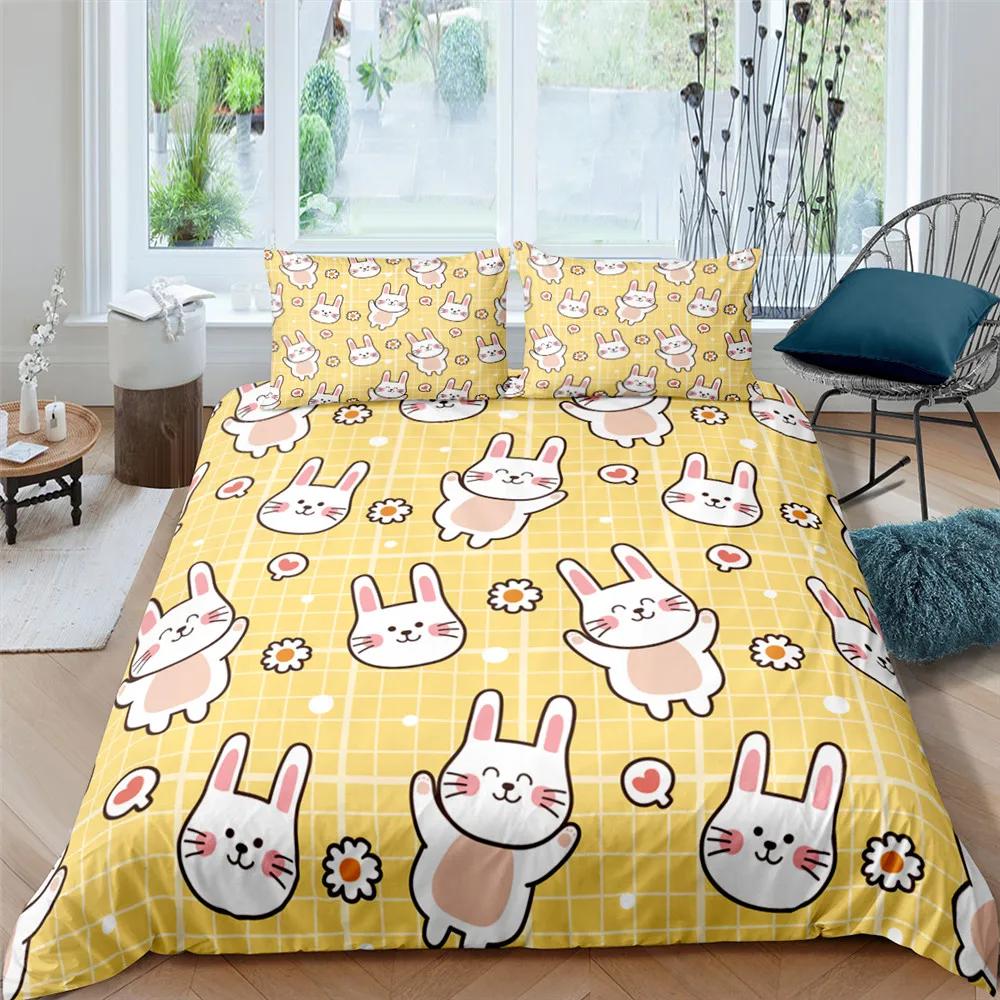 Cartoon Cute Dog/Rabbit Bedding Set Nordic King Single Twin 90/135/150 Bed Cover 240×220 Duvet Cover For Girl Boy Kid Teens Gift
