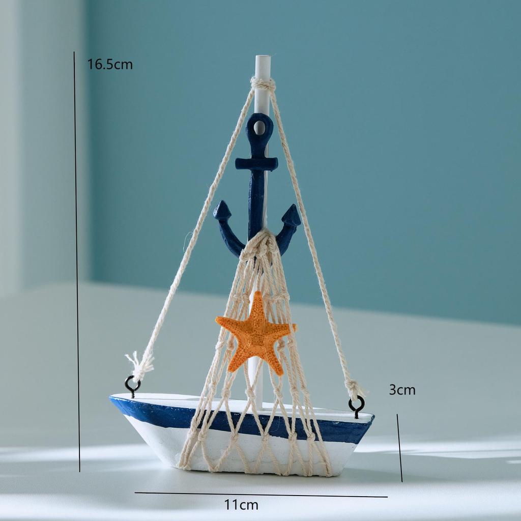 Mediterranean Wooden Sailboat Model with Cotton Rope Net - Mini Desktop Ornament & Photo Prop