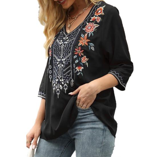 Women Blouse Traditional Mexican Women Embroidered Tops Loose Fit Bohemian Floral 45720 Sleeve