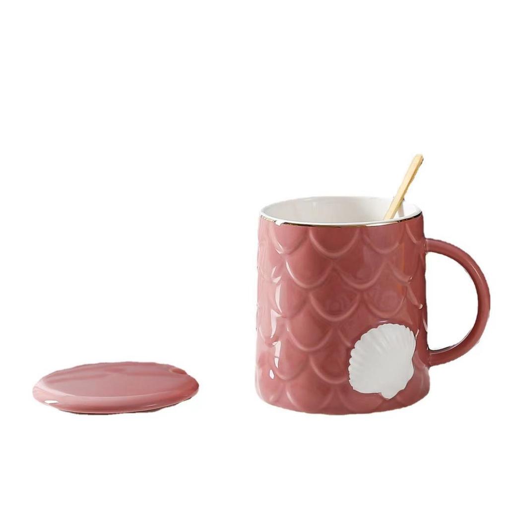 Creative Shell Ceramic Cup with Lid Spoon Small Fresh Afternoon Tea Coffee Mug Household Water Cup Large Capacity Cup