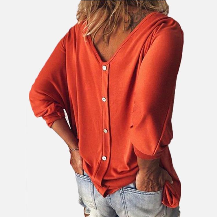 V-Neck Bat Seven-Point Sleeve Back Button T-Shirt Loose Top Women
