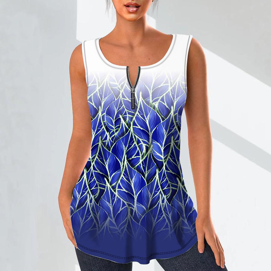 Women's Fashion V Neck Shirts Casual Tops T-shirt Ladies 3D Stacked Leaves Print Vest Plus Size Sleeveless Blouse Tank Tops