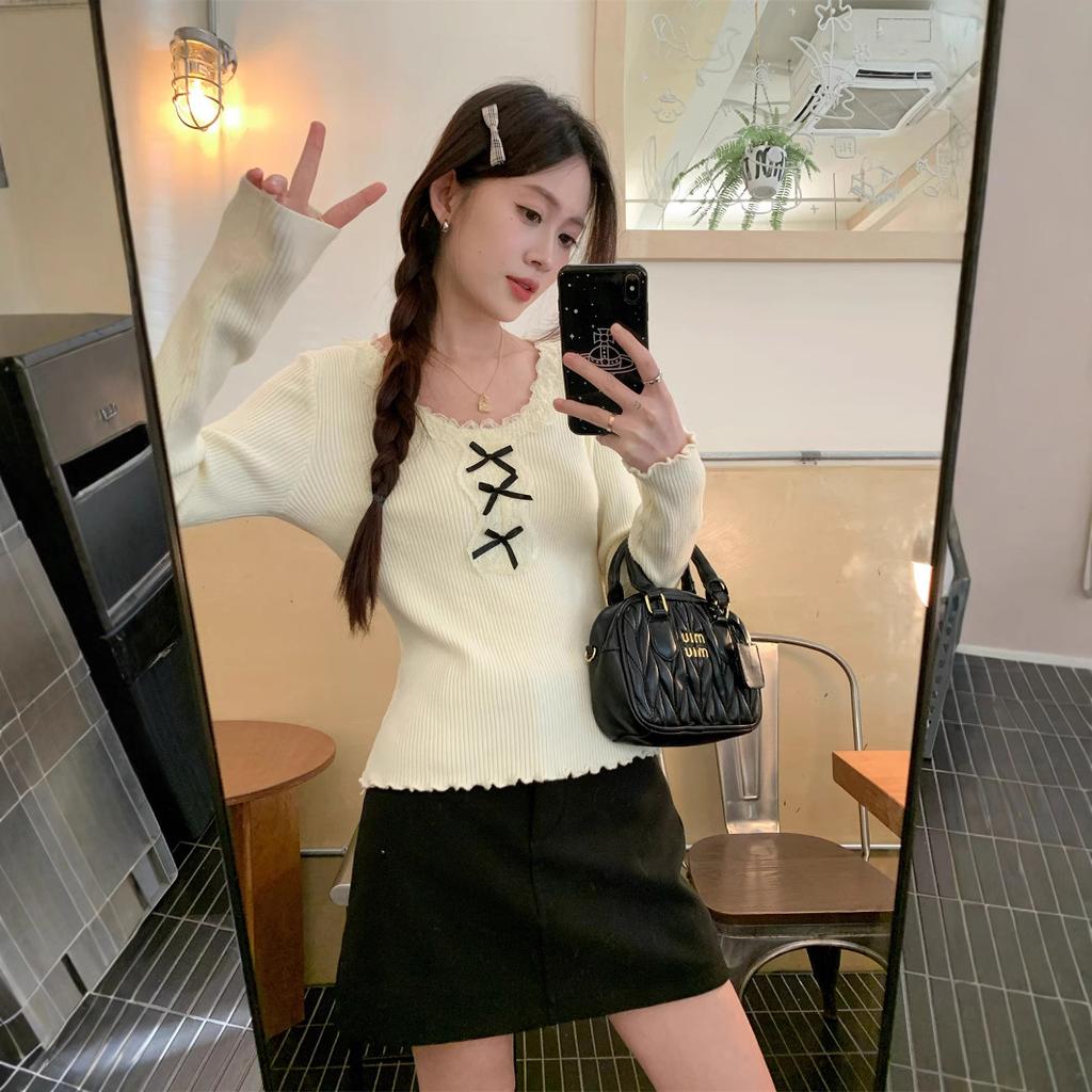 Korean Lace Trim Knit Top Spring New Slim Fit Base Layer Long Sleeve Soft Touch Shirt