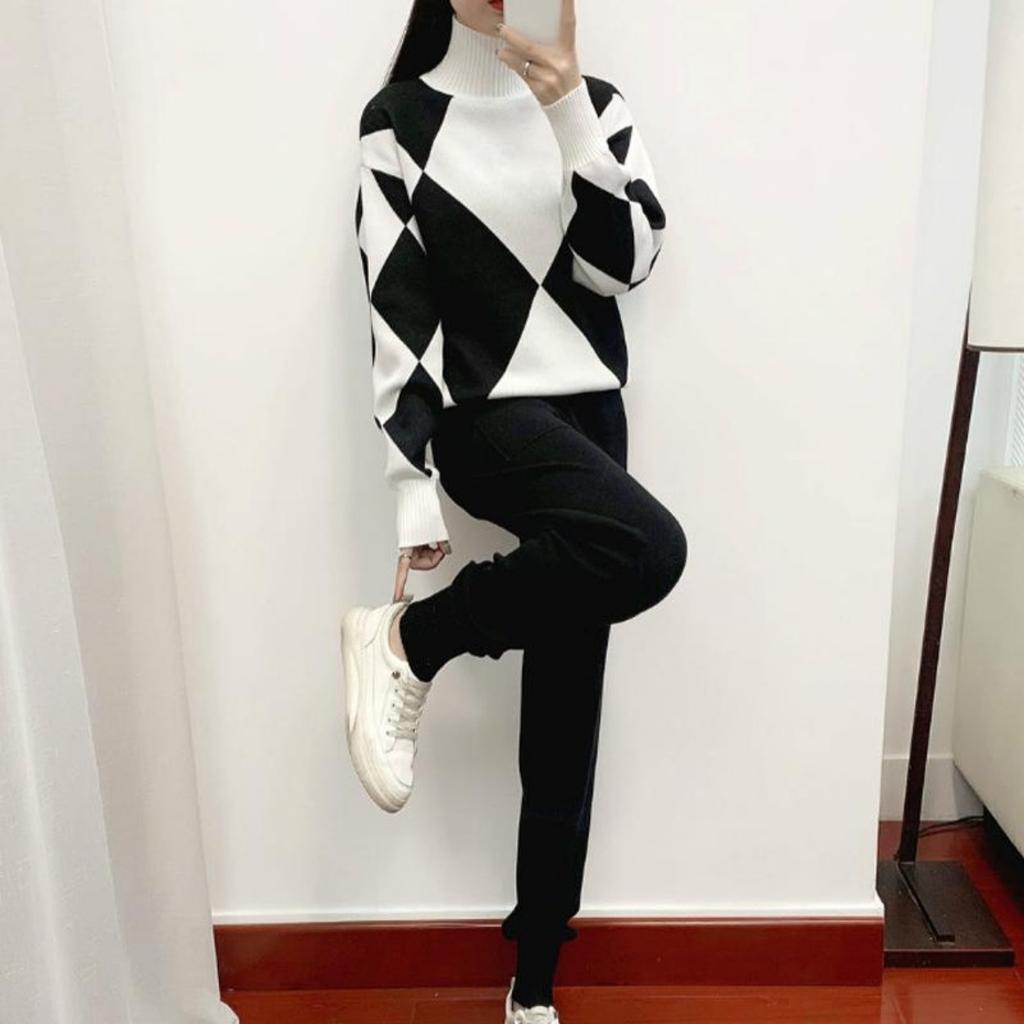 Модный женский повседневный вязаный клетчатый свитер, комплект из двух предметов