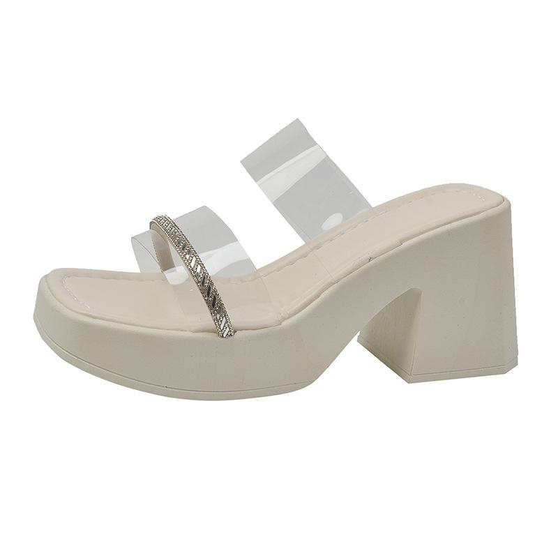 Thick-soled High-heeled Slippers for Women's Summer Outer Wear New Year's Transparent One-word with Rhinestone Thick Heel Premium Cool Slippers