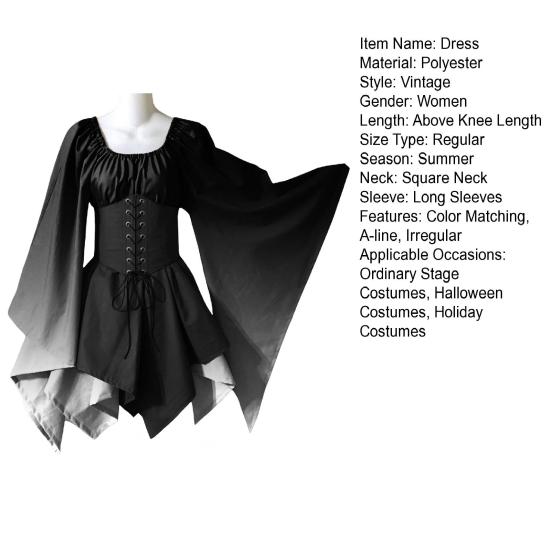 Женское платье для косплея на Хэллоуин с нерегулярным подолом на шнуровке, готический градиент, подходящее по цвету средневековое винтажное платье с рукавами «летучая мышь» для выступления, сценическое платье