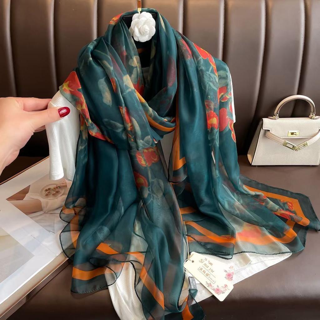 Silk Scarf for Women In Spring Autumn and Winter Middle-aged and Elderly Mothers Warm and Versatile Super Large Scarf Literary Style Travel Scarf