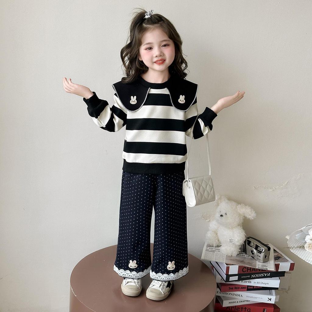 Girls' Striped Doll Collar Sweatshirt & Polka Dot Pants Set - Spring/Autumn 2025 Fashion for Small/Medium Children