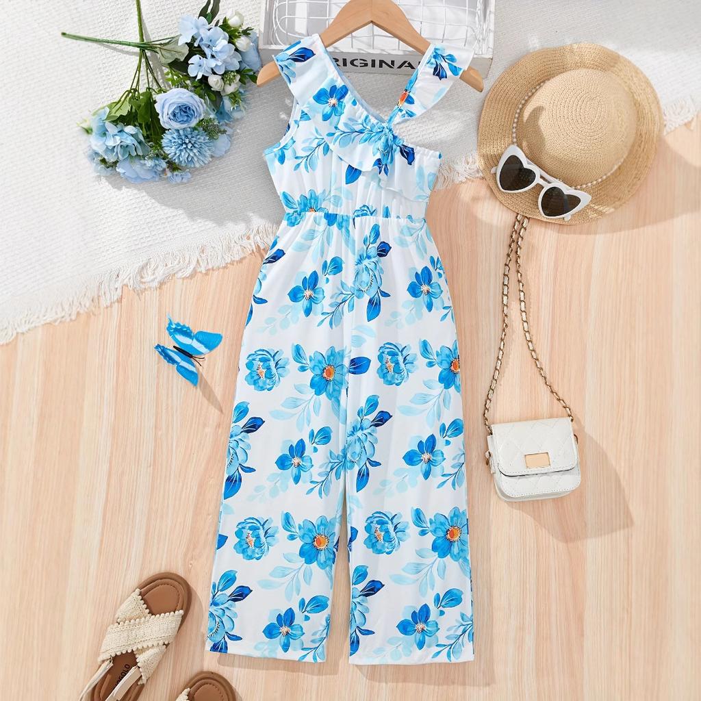 Модный комбинезон с цветочным принтом для девочек, летний повседневный комбинезон для детей