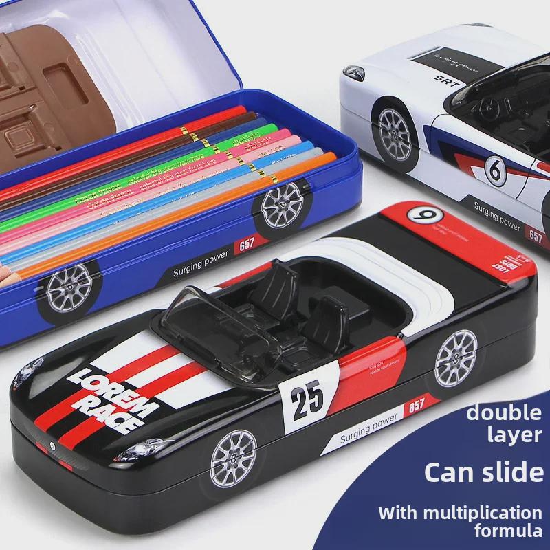 Children's Double-Layer Car Pencil Case - For Boys & Girls, Multifunctional Tin Box