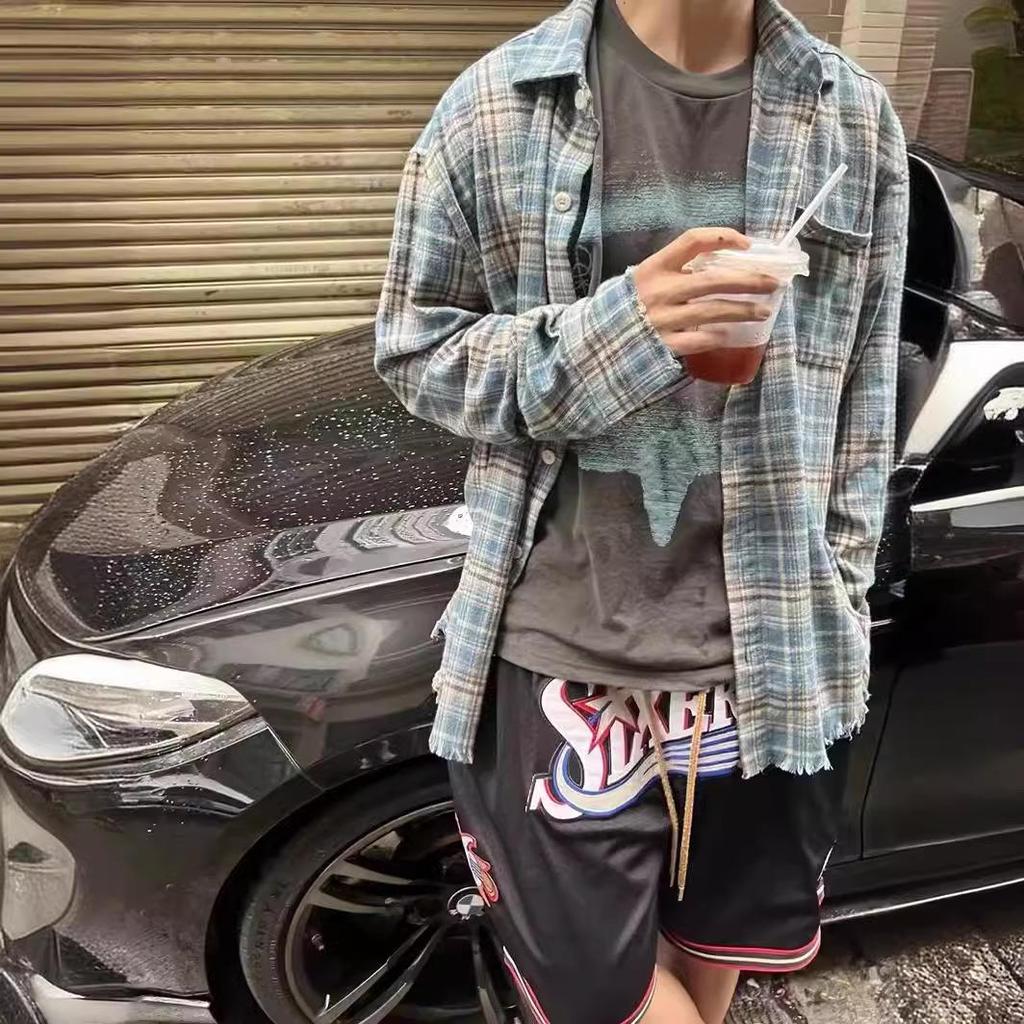 Рубашка из фланели в клетку с бахромой в стиле ретро, унисекс, весенняя, свободного кроя