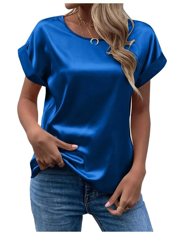 Spring and Summer New Women's Short Sleeve Satin Shirt Loose Casual Round Neck Colored Ding T-shirt Women