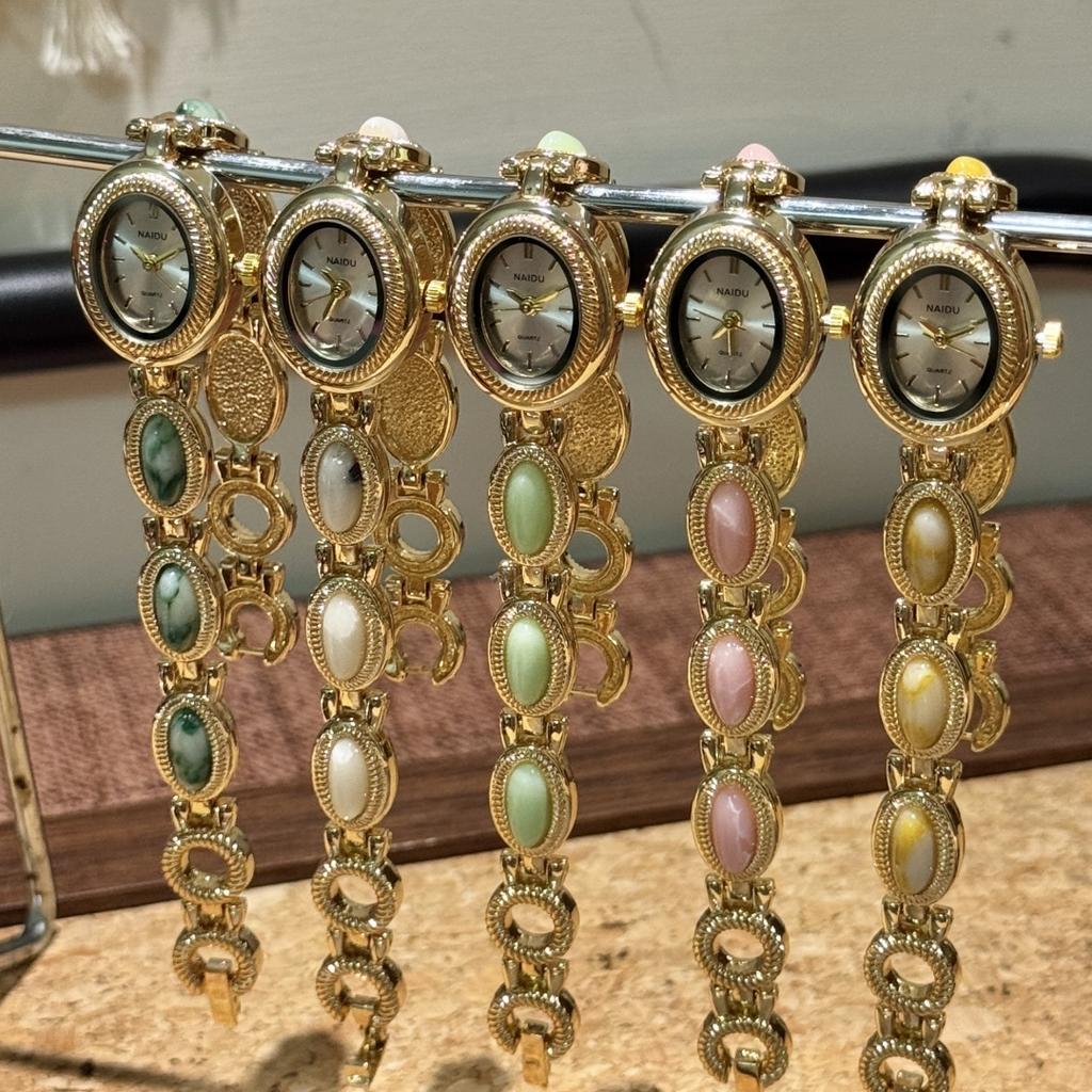 Модные Универсальные Овальные Женские Кварцевые Часы с Натуральным Камнем Высокого Качества Золотые Кварцевые Часы Женские Продвинутые Цепочные Наручные Часы