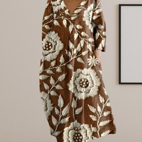 Женское летнее платье с длинными рукавами и круглым вырезом с принтом маслом Яркий цвет Глубокий V-образный вырез Свободное платье для отпуска Пляжное платье макси Ежедневное длинное платье