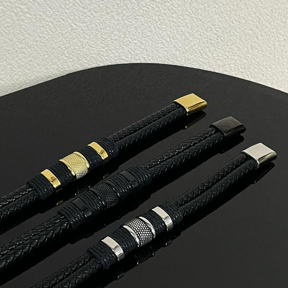 Leather Woven Bracelet Double-Layer Retro Trendy Punk Minimalist Texture Magnetic Buckle Men's Women's Bangle Couple Jewelry